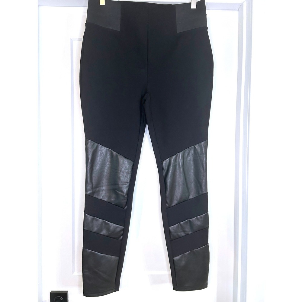 Masseys Womens Black Faux Leather Moto Panel Ponte Leggings High Rise Large Goth